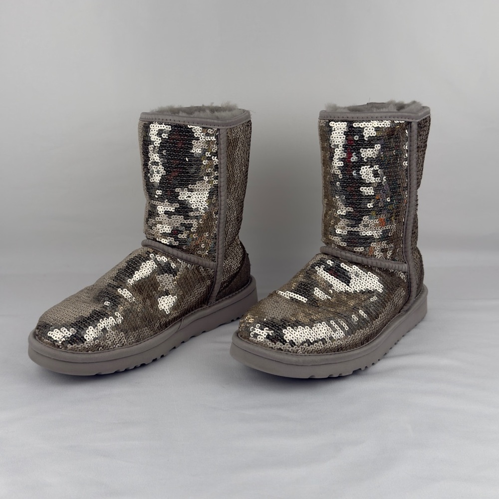 UGG Classic Short Sequin Sparkle Boots Silver Womens US 5
